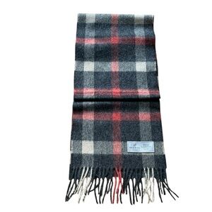 Bronte by Moon merino lambswool plaid scarf red,grey and beige w/fringes 10x74